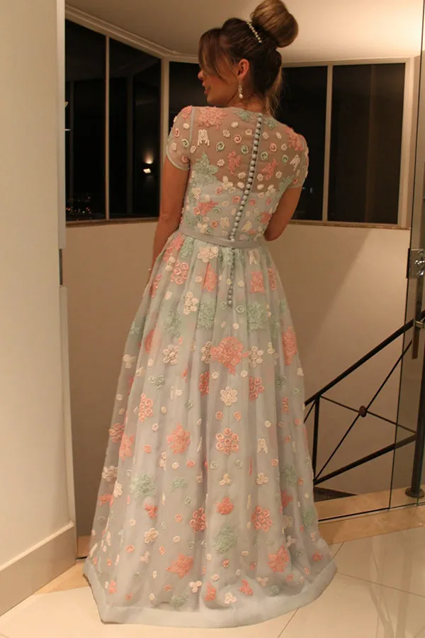A-Line Jewel Cap Sleeves Sweep Train Mint Lace Prom Dress with Belt LRA485