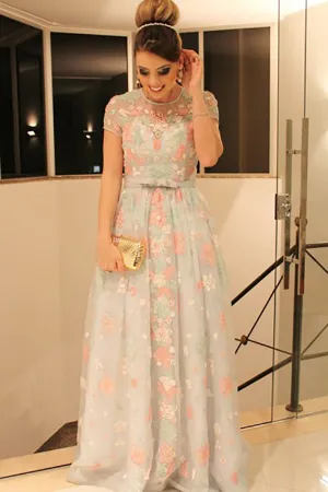 A-Line Jewel Cap Sleeves Sweep Train Mint Lace Prom Dress with Belt LRA485