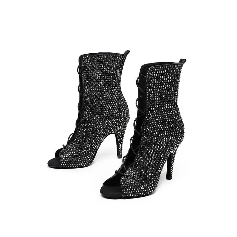 Black Crystal embellished Lace-up Dance Booties