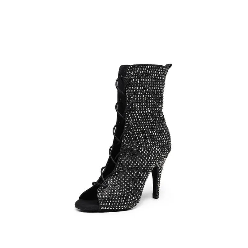 Black Crystal embellished Lace-up Dance Booties