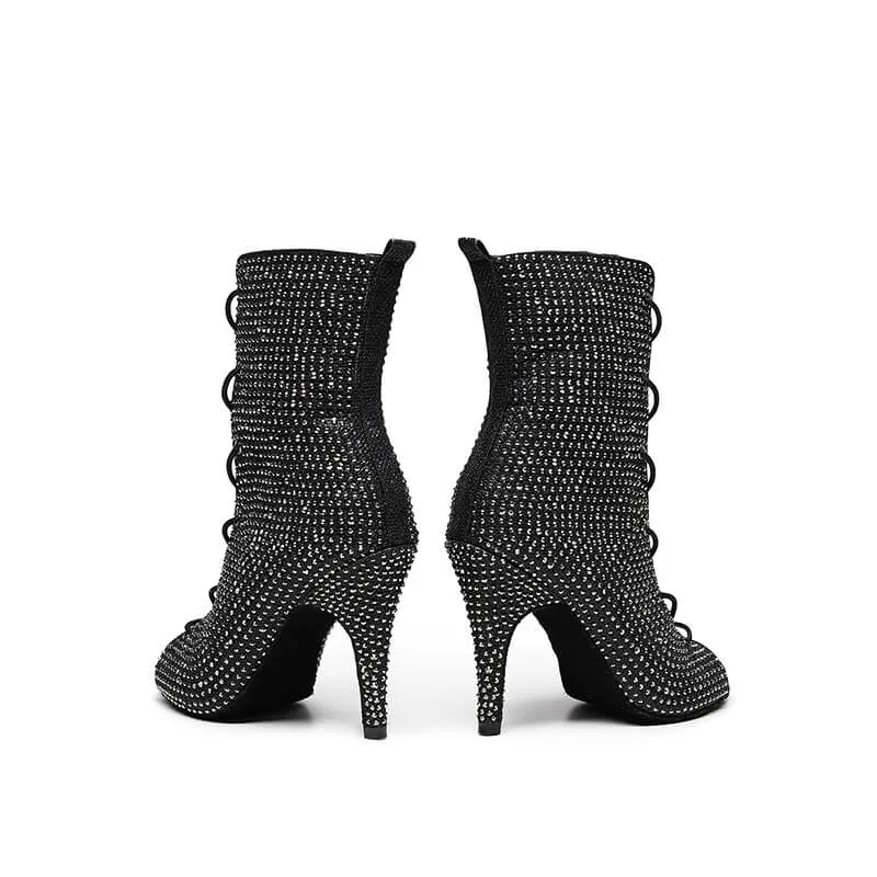 Black Crystal embellished Lace-up Dance Booties