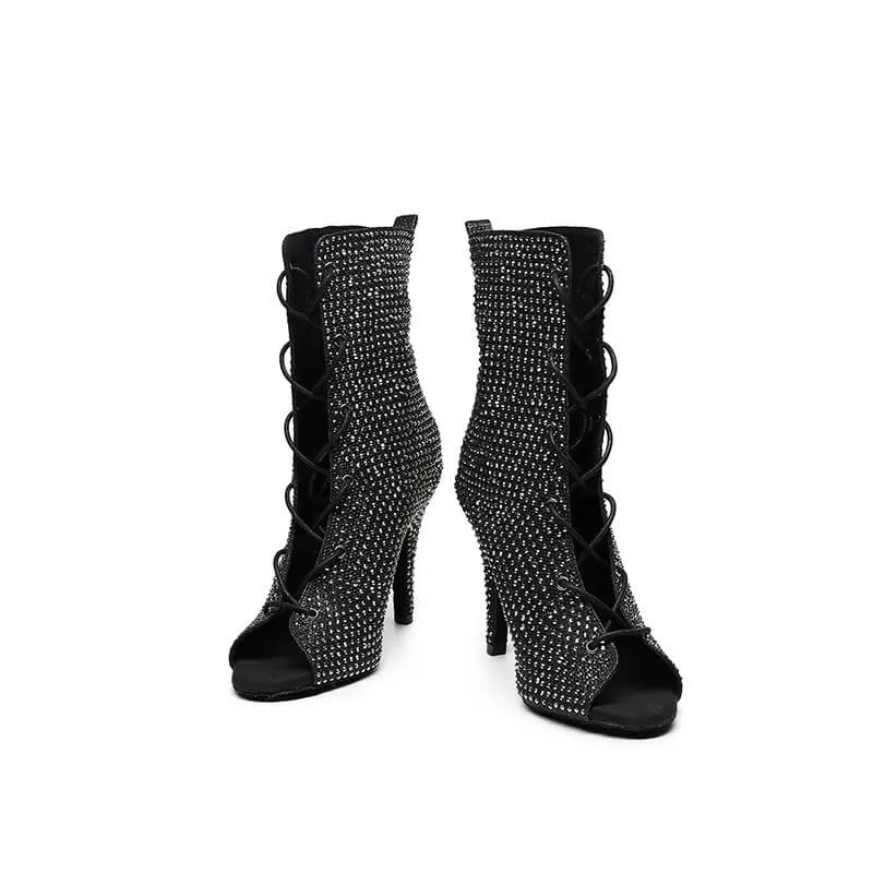 Black Crystal embellished Lace-up Dance Booties