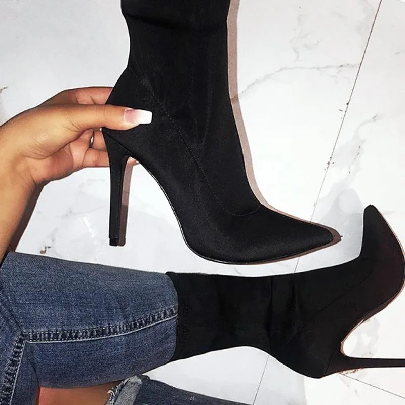 Chicvane Elastic Fabric Pointed Toe Stiletto Heel Mid Calf Boots For Girls