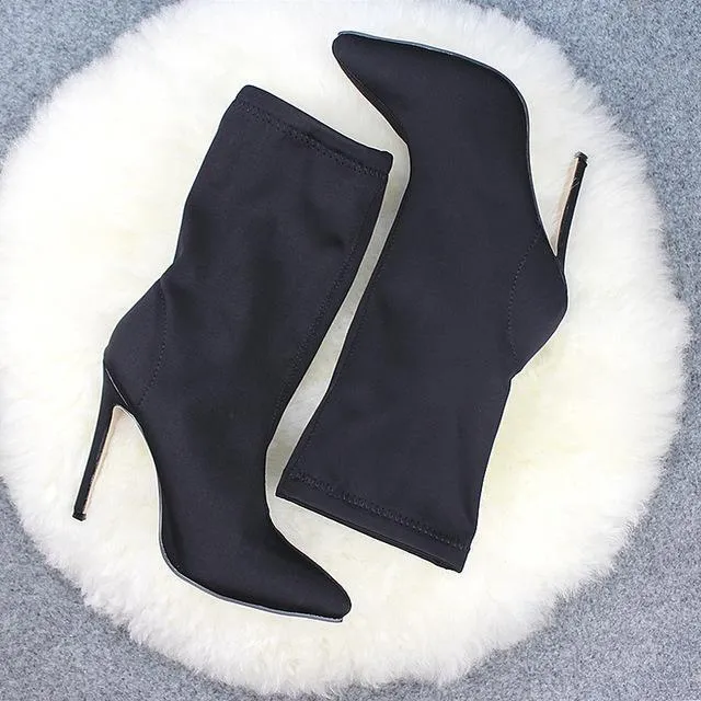 Chicvane Elastic Fabric Pointed Toe Stiletto Heel Mid Calf Boots For Girls