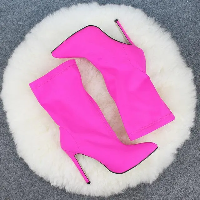 Chicvane Elastic Fabric Pointed Toe Stiletto Heel Mid Calf Boots For Girls