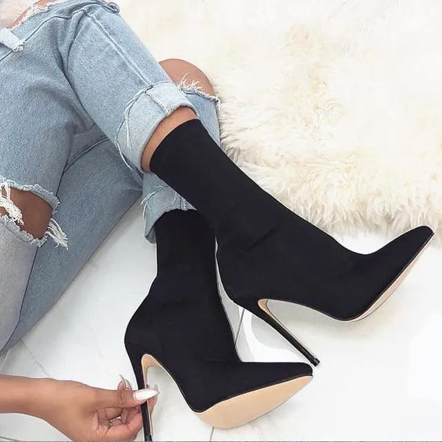 Chicvane Elastic Fabric Pointed Toe Stiletto Heel Mid Calf Boots For Girls