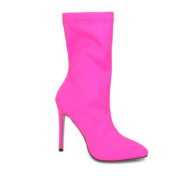 Chicvane Elastic Fabric Pointed Toe Stiletto Heel Mid Calf Boots For Girls