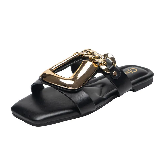 Classy U Chain Buckle Square Toe Flat Sandals