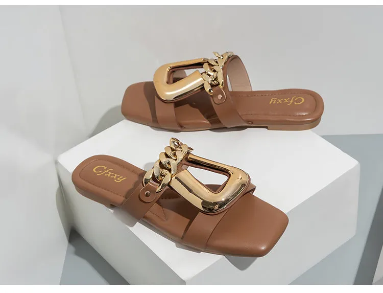 Classy U Chain Buckle Square Toe Flat Sandals