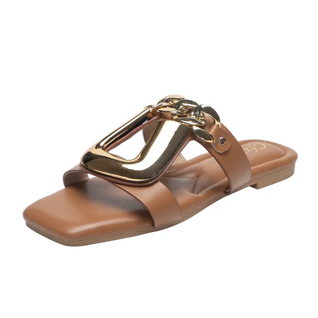 Classy U Chain Buckle Square Toe Flat Sandals