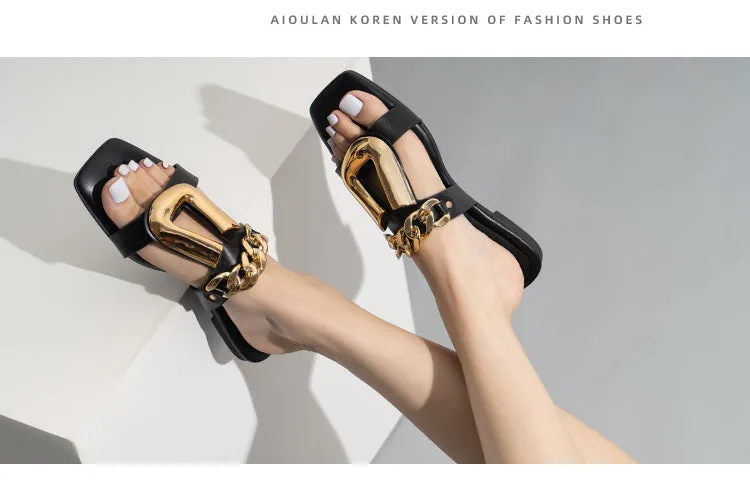 Classy U Chain Buckle Square Toe Flat Sandals