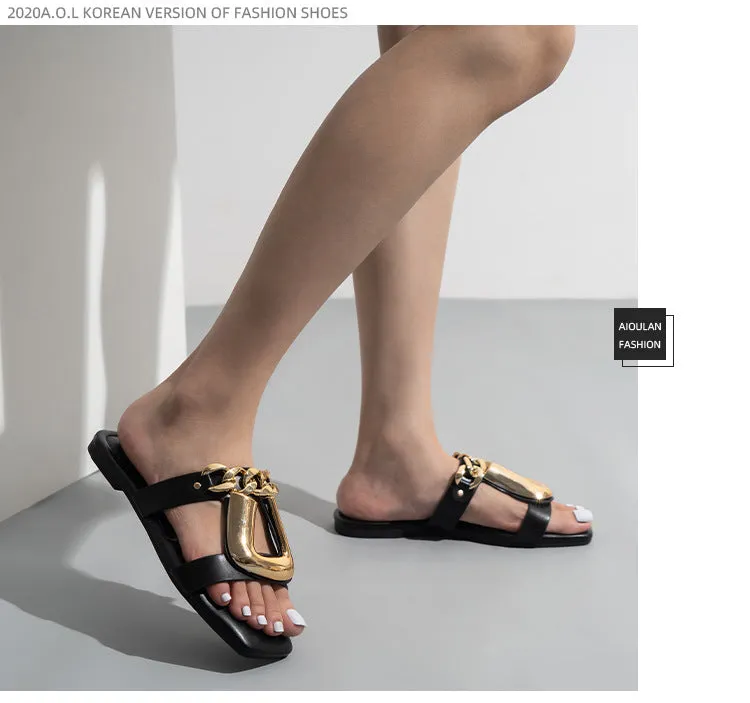 Classy U Chain Buckle Square Toe Flat Sandals