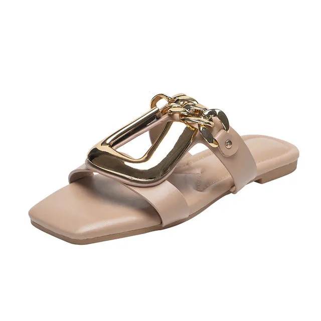 Classy U Chain Buckle Square Toe Flat Sandals