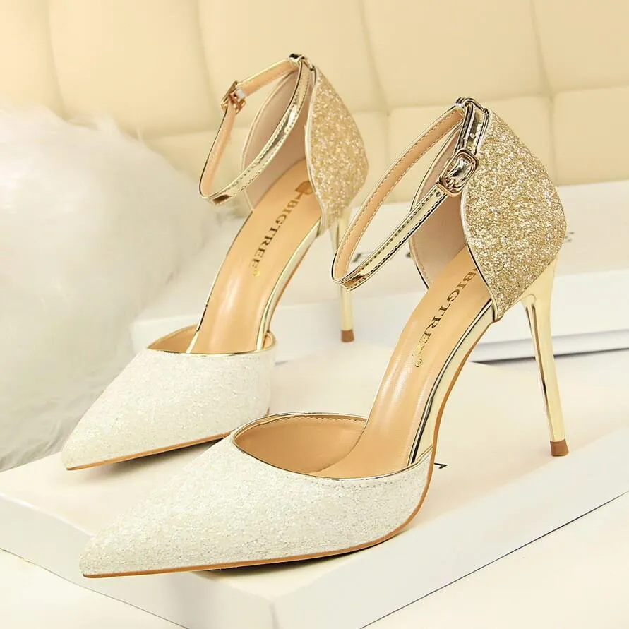 Glitter Buckle Point Toe High Heels