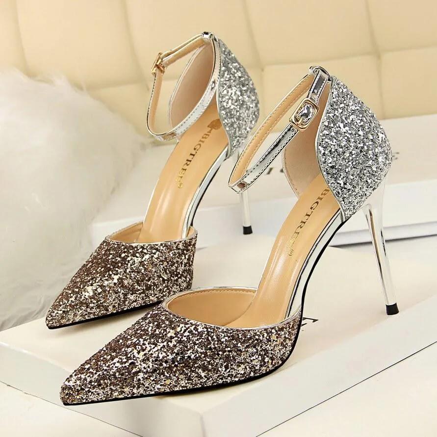 Glitter Buckle Point Toe High Heels