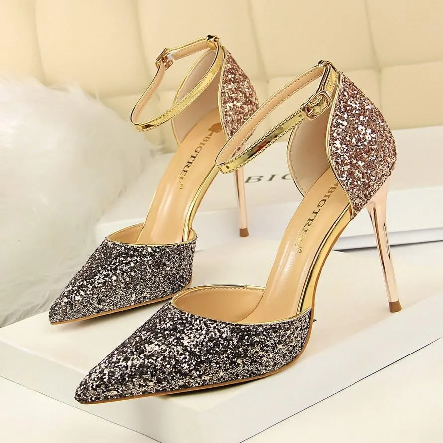 Glitter Buckle Point Toe High Heels