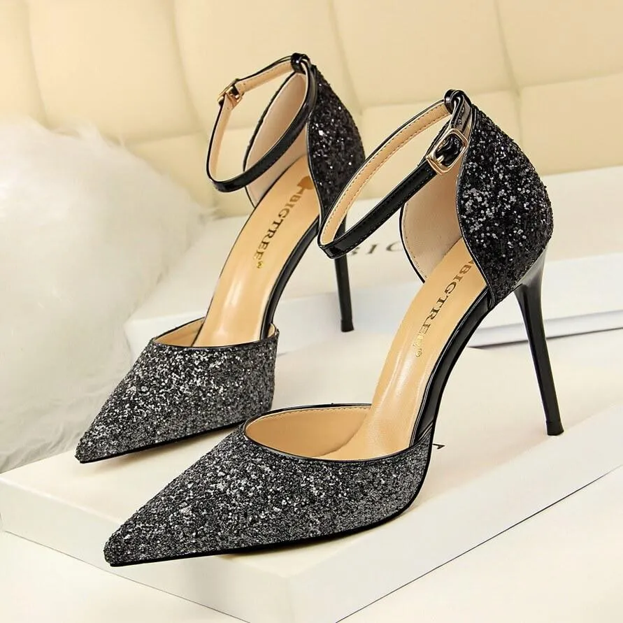 Glitter Buckle Point Toe High Heels