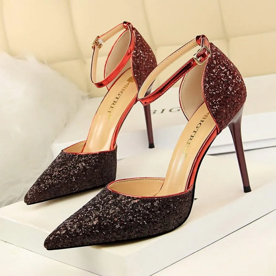 Glitter Buckle Point Toe High Heels