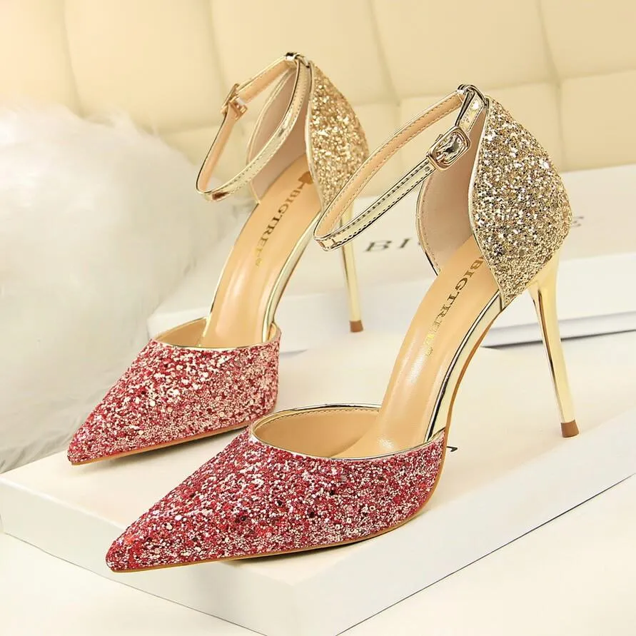 Glitter Buckle Point Toe High Heels