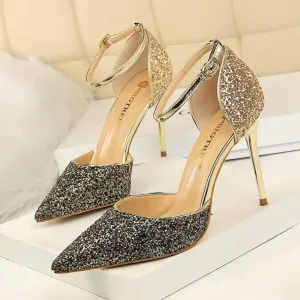 Glitter Buckle Point Toe High Heels