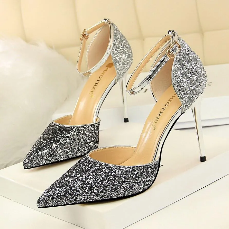 Glitter Buckle Point Toe High Heels