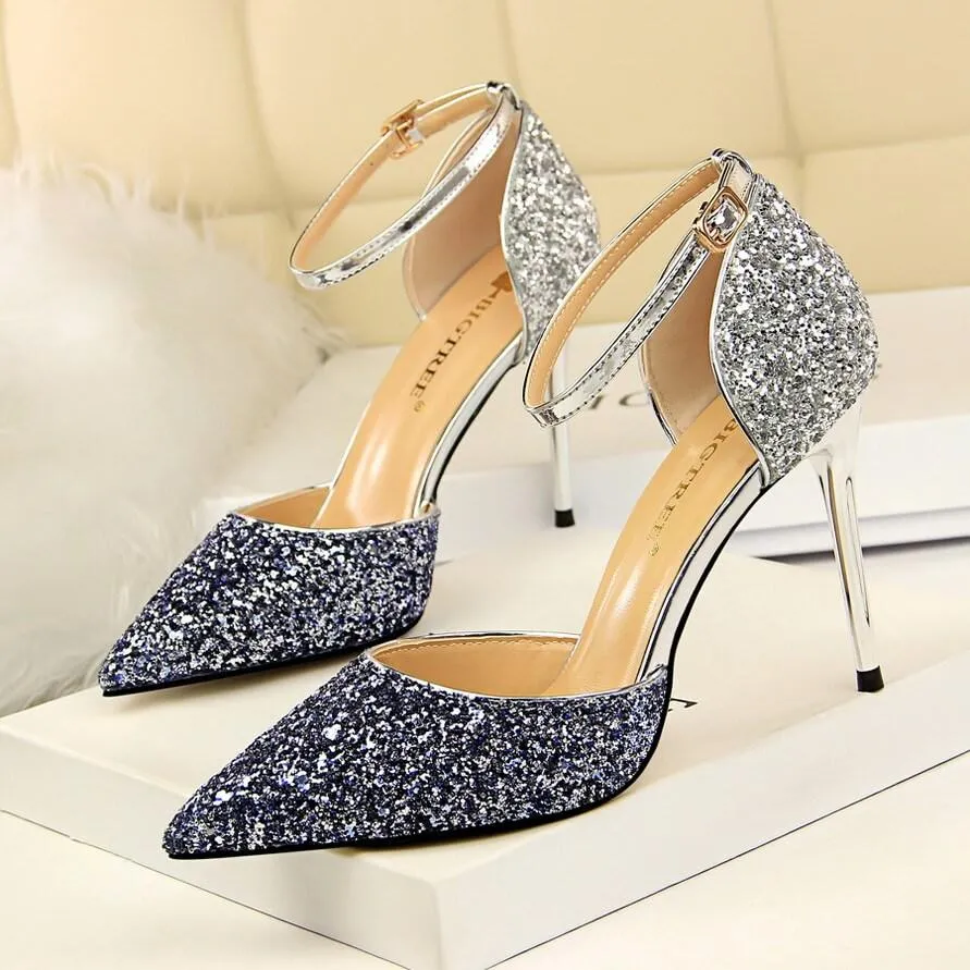 Glitter Buckle Point Toe High Heels