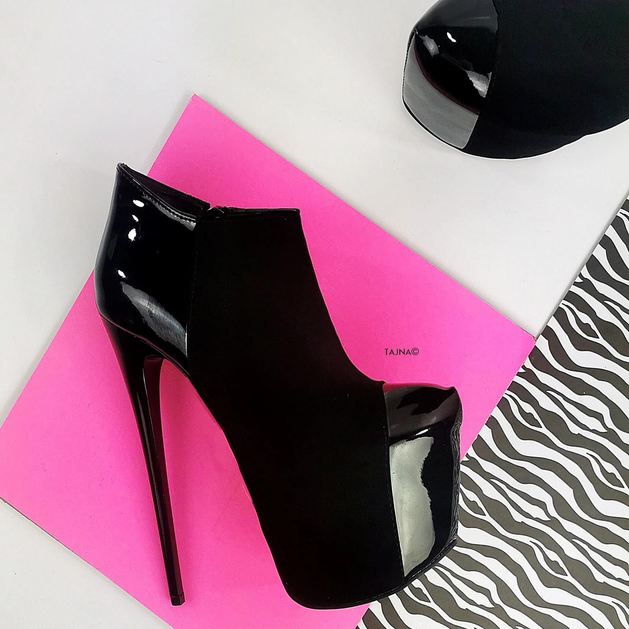Gloss Detail Black Suede Ankle High Heels