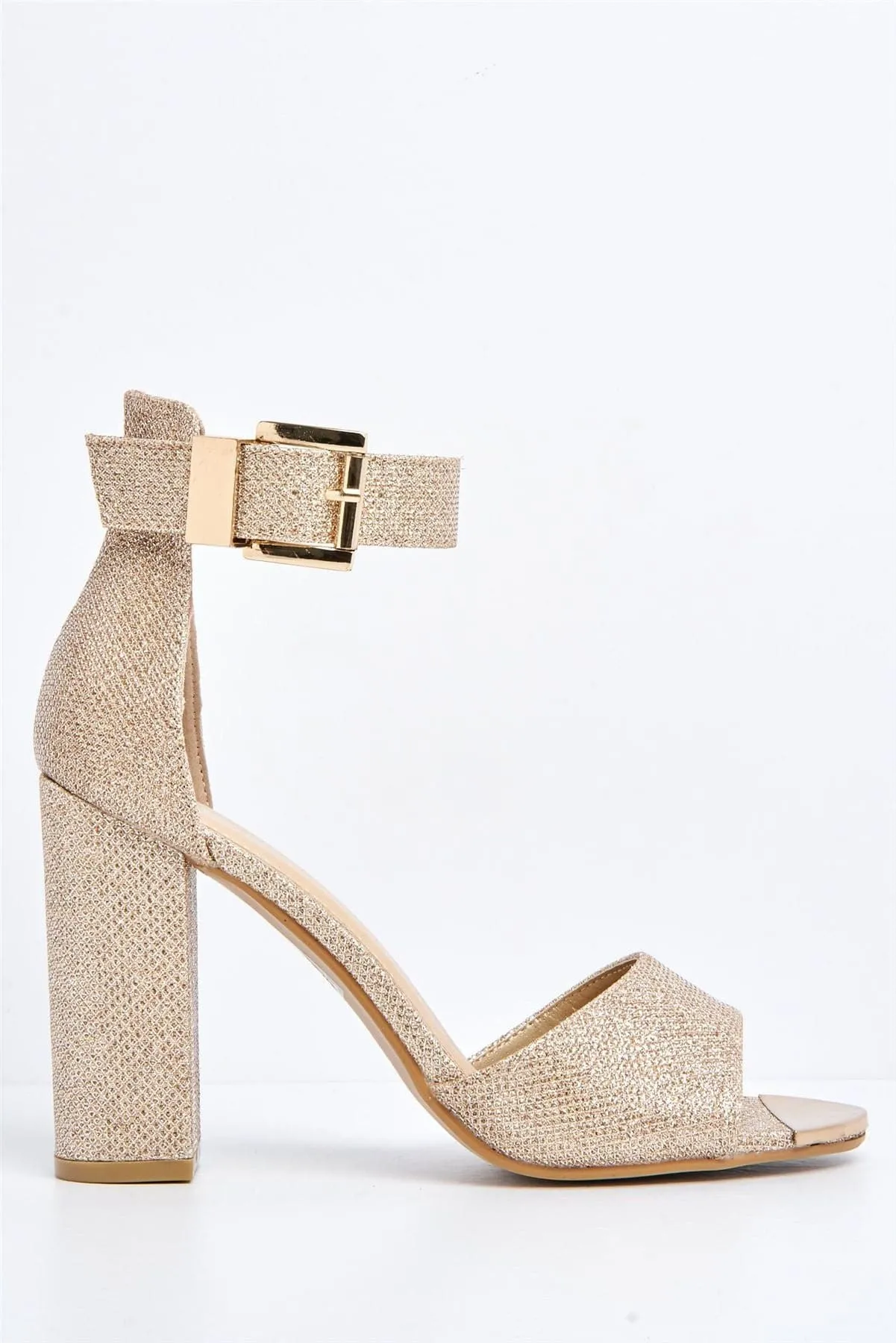 Jessy Anklestrap Blockheel Sandal in Rose Gold Mesh