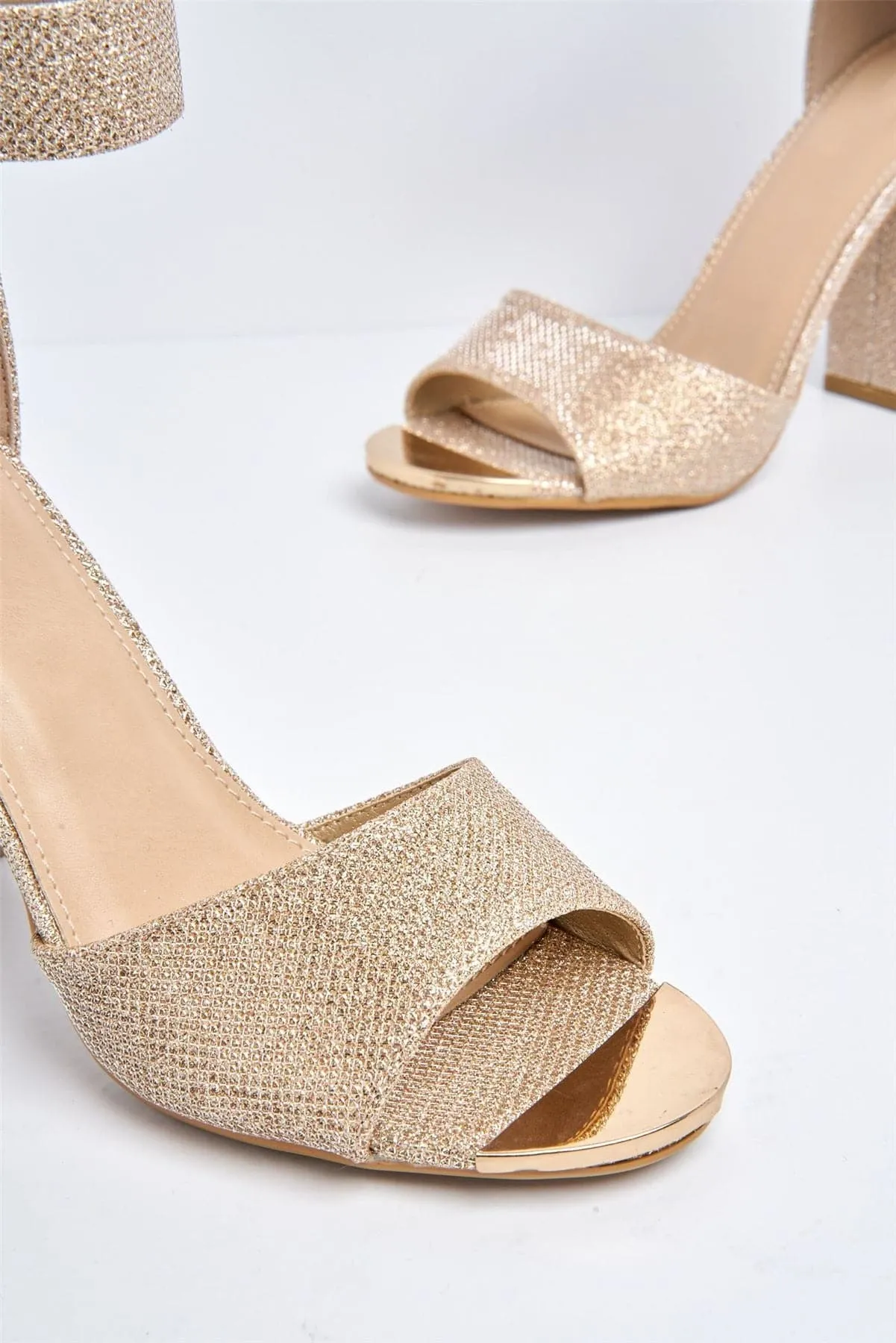 Jessy Anklestrap Blockheel Sandal in Rose Gold Mesh