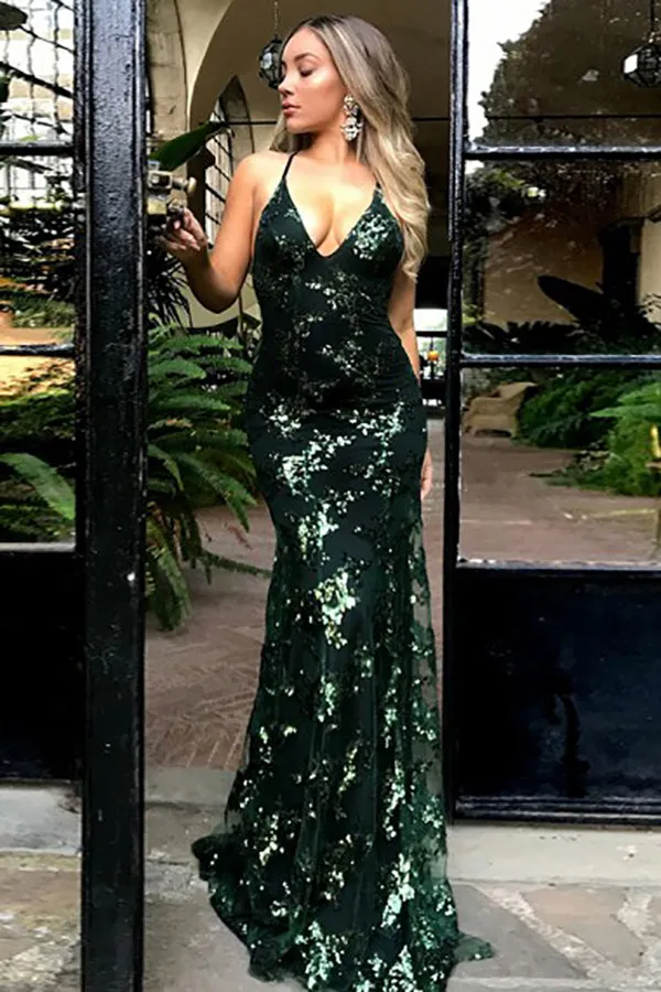 Mermaid Deep V-Neck Sweep Train Criss-Cross Straps Dark Green Sequined Prom Dress LR456