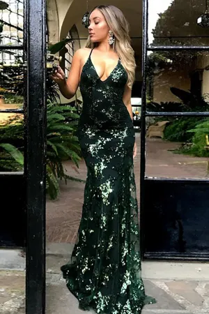 Mermaid Deep V-Neck Sweep Train Criss-Cross Straps Dark Green Sequined Prom Dress LR456