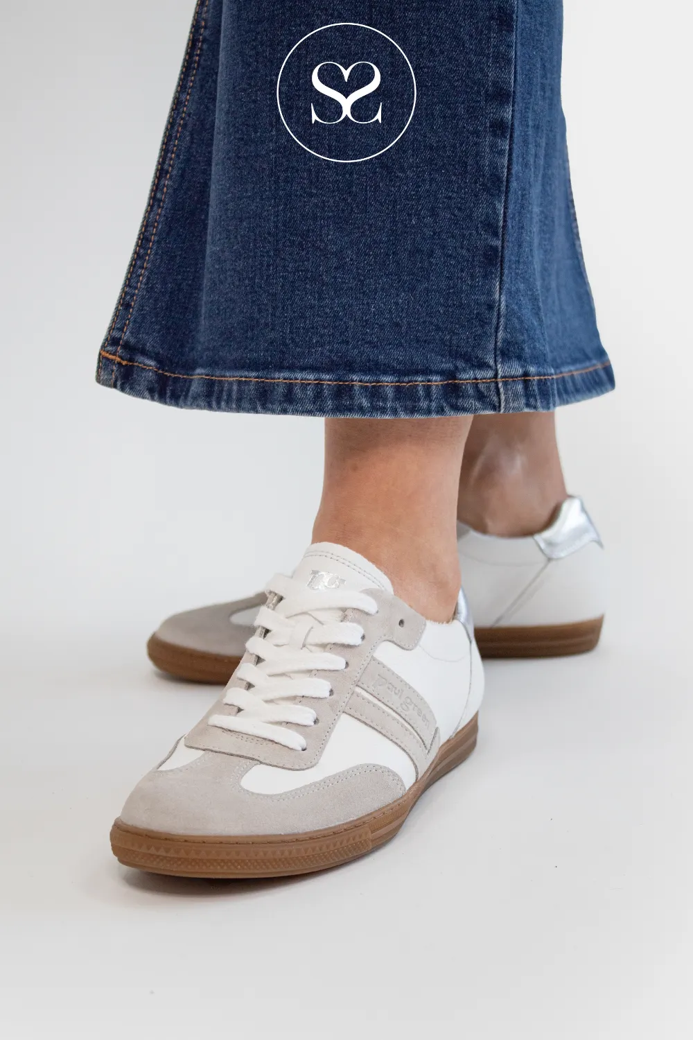PAUL GREEN 5450 CREAM/GREY LEATHER SPORTY LOW PROFILE TRAINERS