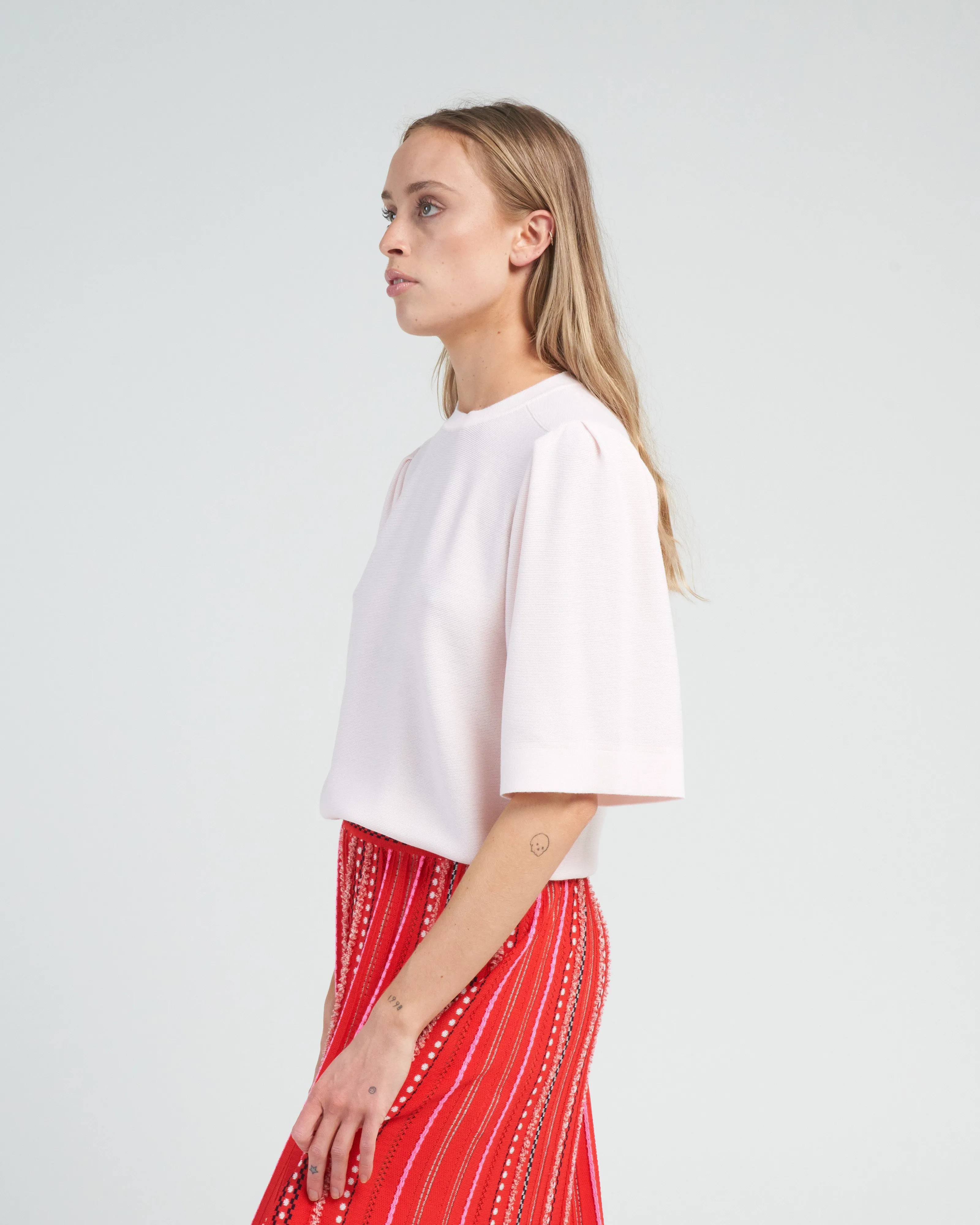 pleated elbow sleeves knit top - petal