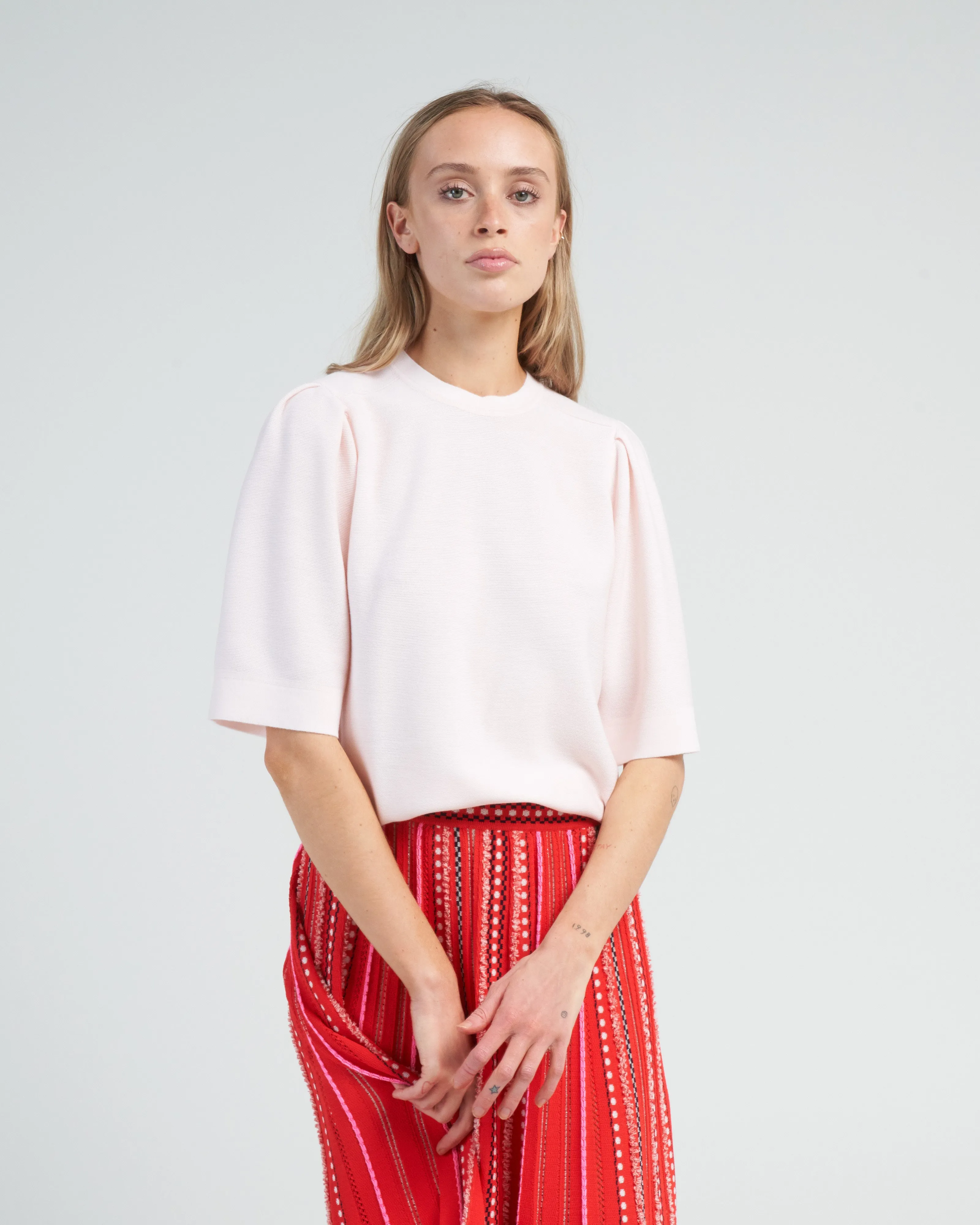 pleated elbow sleeves knit top - petal