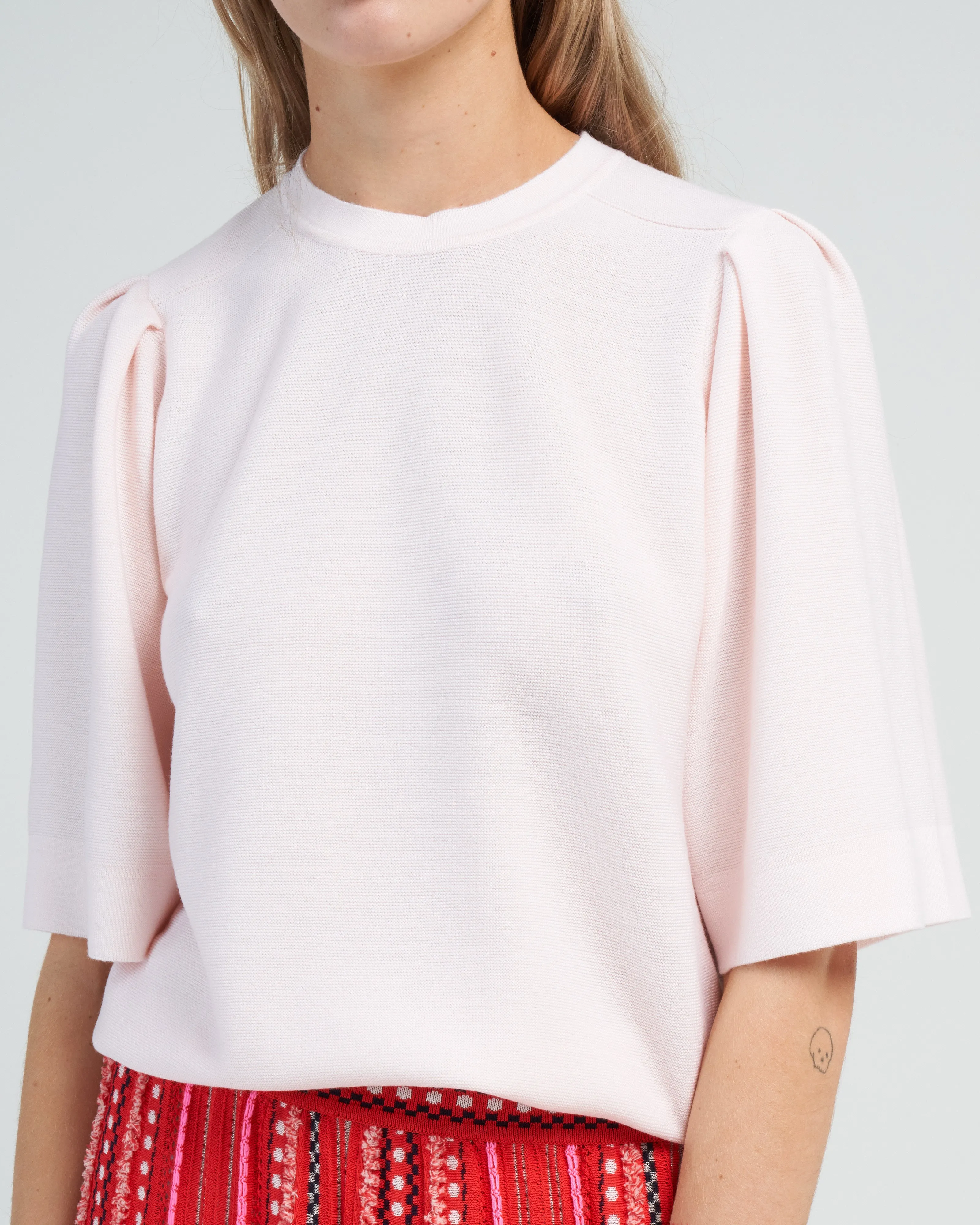 pleated elbow sleeves knit top - petal
