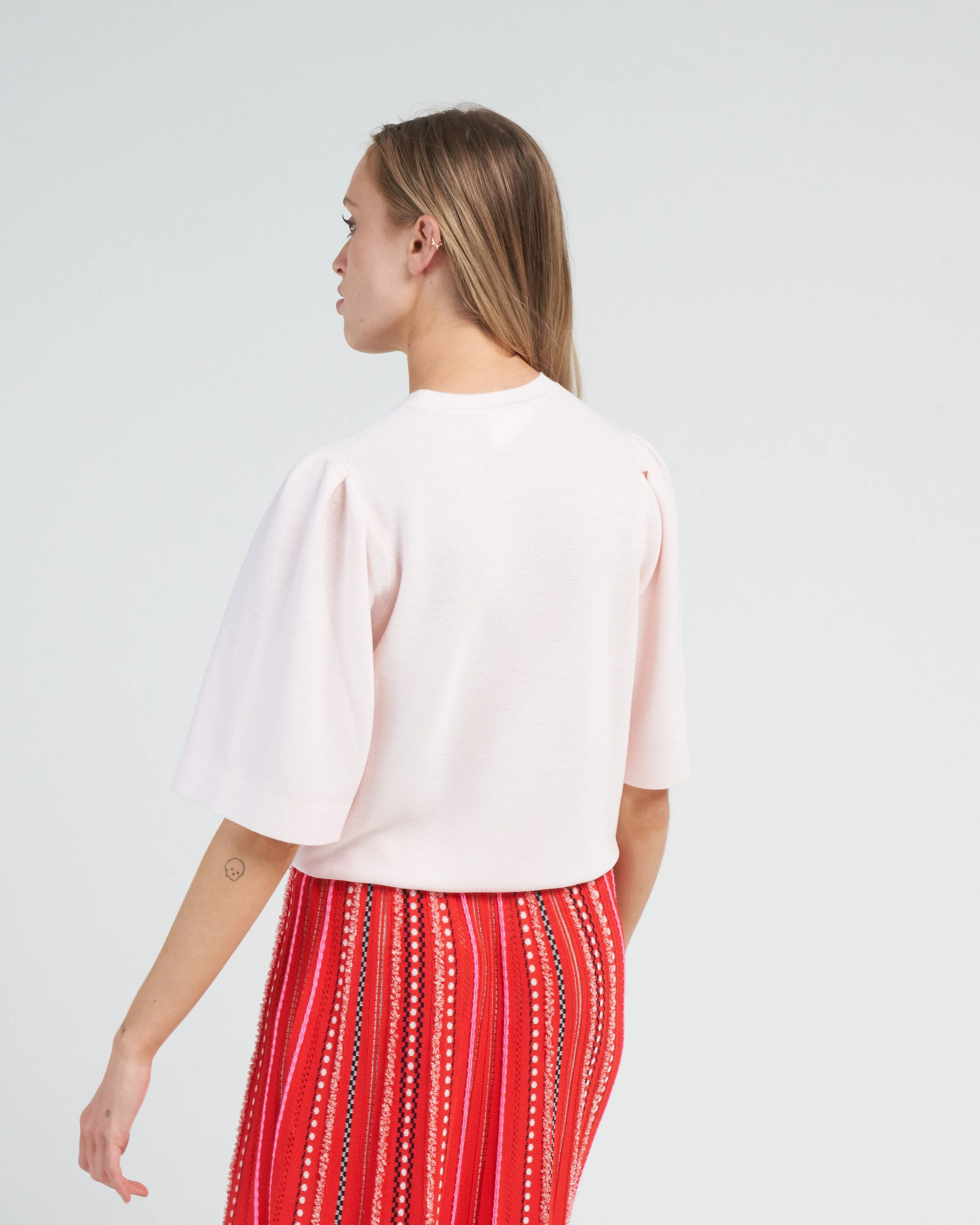 pleated elbow sleeves knit top - petal