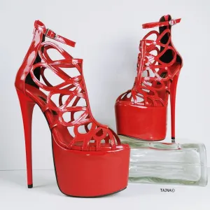 Red Patent Laser Cage Ankle Heels