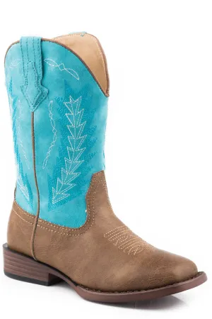 Roper Kids Boys Turquoise/Tan Faux Leather Billy Cowboy Boots