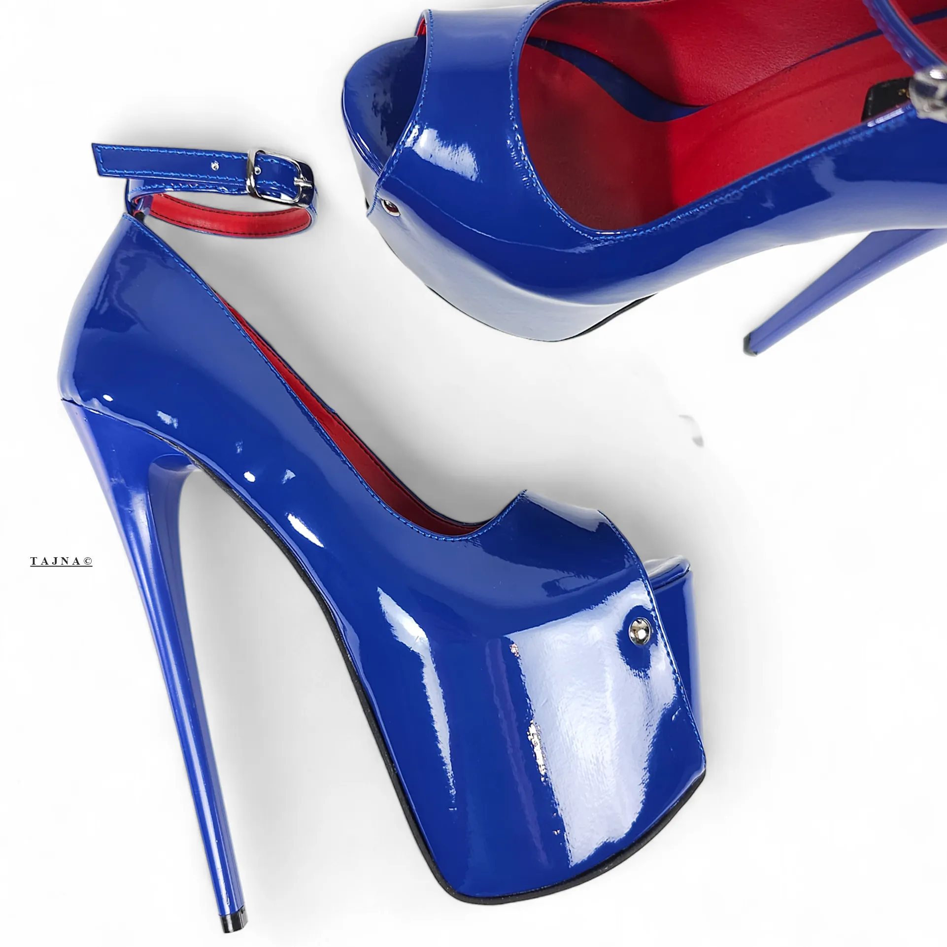 Royal Blue Gloss Ankle Strap High Heel Platforms