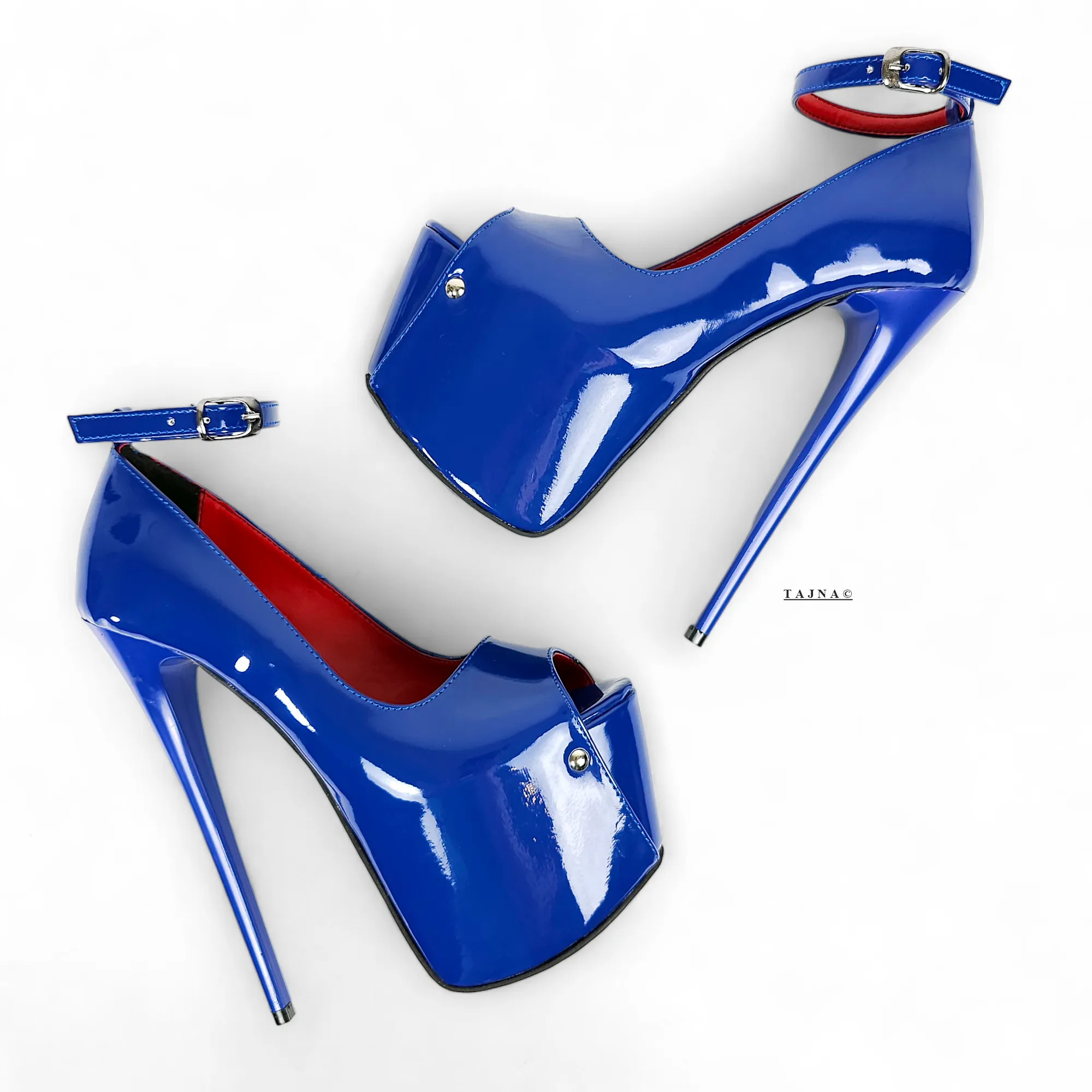 Royal Blue Gloss Ankle Strap High Heel Platforms