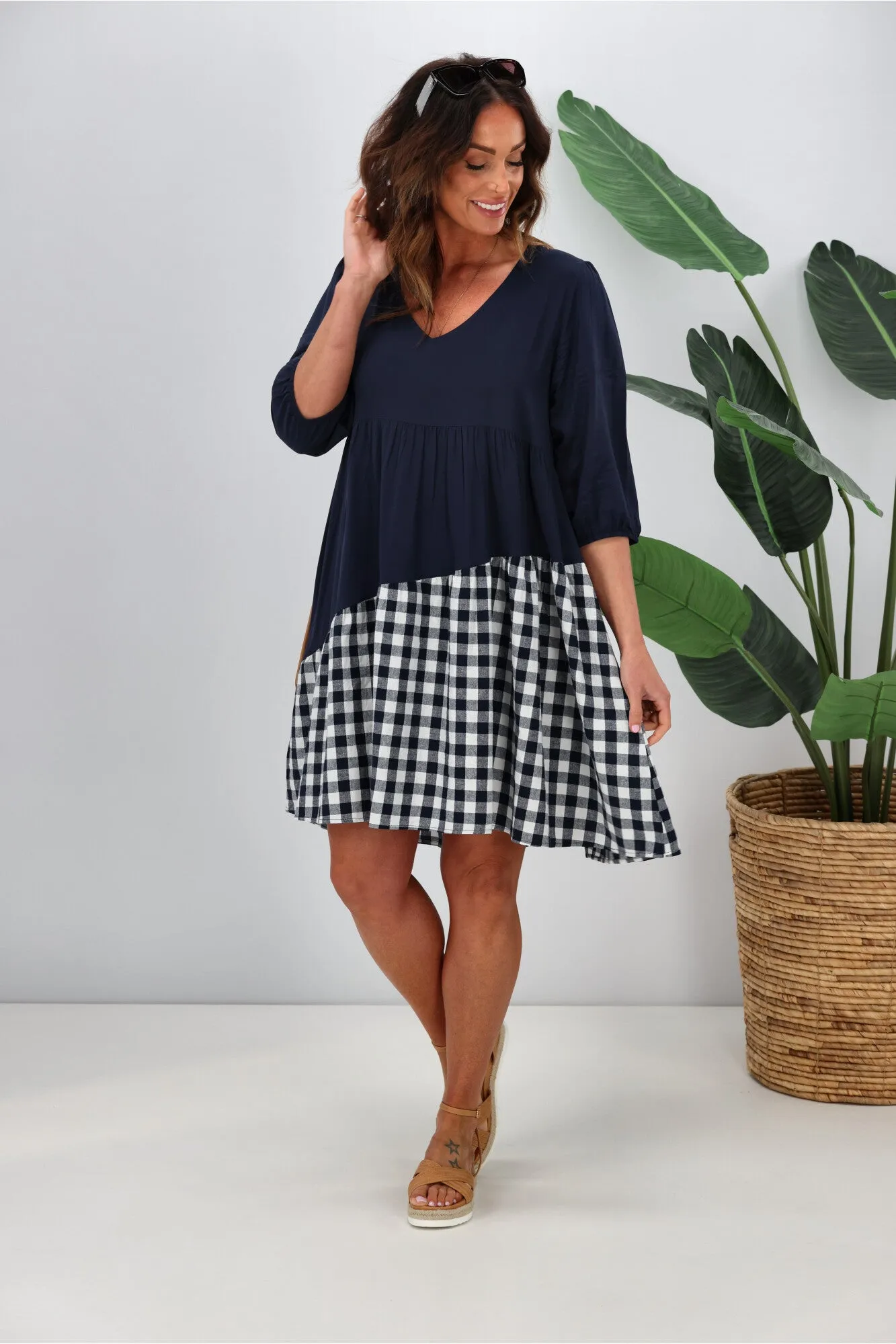 Silver Wishes Gingham Contrast Angle Tiered Dress  Navy