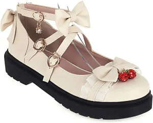 VOKLIN Women's Girls Lolita Mary Jane Flats Sweet Bow Cross Ankle Strap Low Heel Princess Oxford Dress Shoes