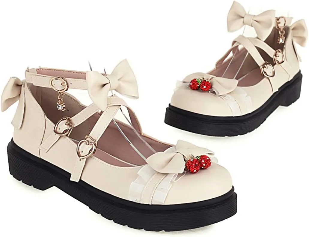 VOKLIN Women's Girls Lolita Mary Jane Flats Sweet Bow Cross Ankle Strap Low Heel Princess Oxford Dress Shoes
