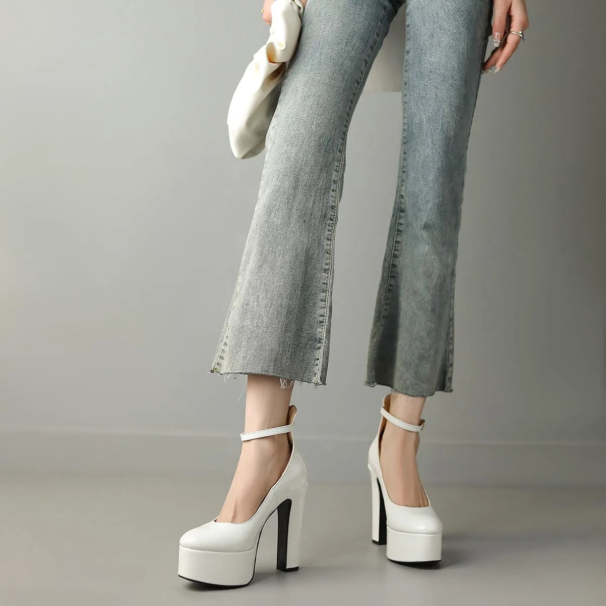 Womens Ankle Strap Thick Heel Platform Pumps Round Toe Block Heels Prom Pumps Buckles Flatform Dress Shoes