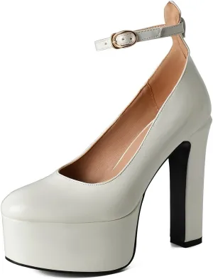 Womens Ankle Strap Thick Heel Platform Pumps Round Toe Block Heels Prom Pumps Buckles Flatform Dress Shoes