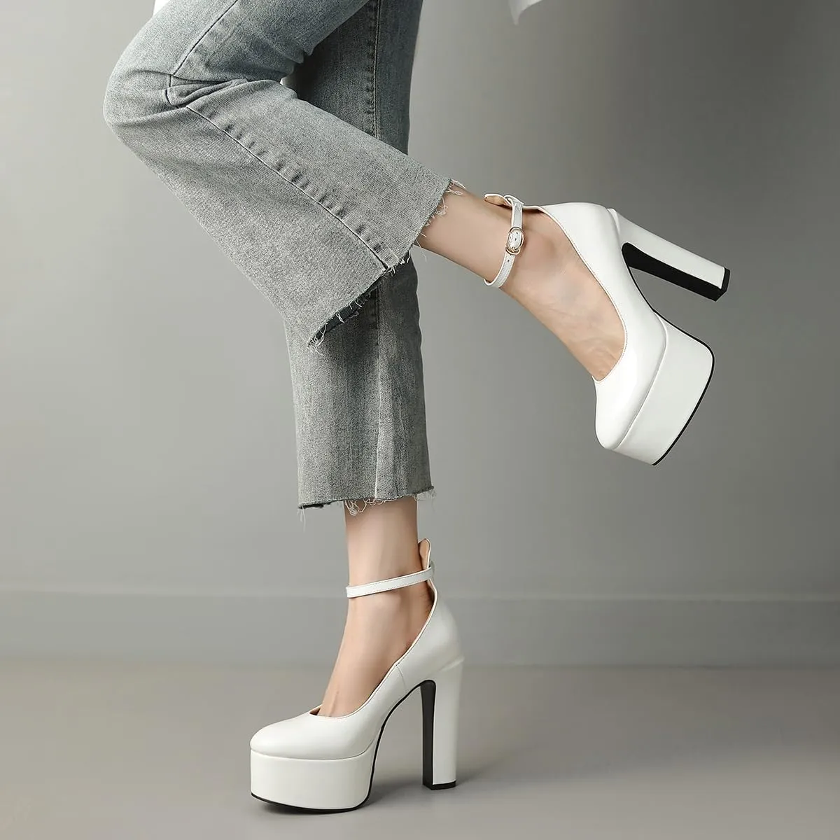 Womens Ankle Strap Thick Heel Platform Pumps Round Toe Block Heels Prom Pumps Buckles Flatform Dress Shoes