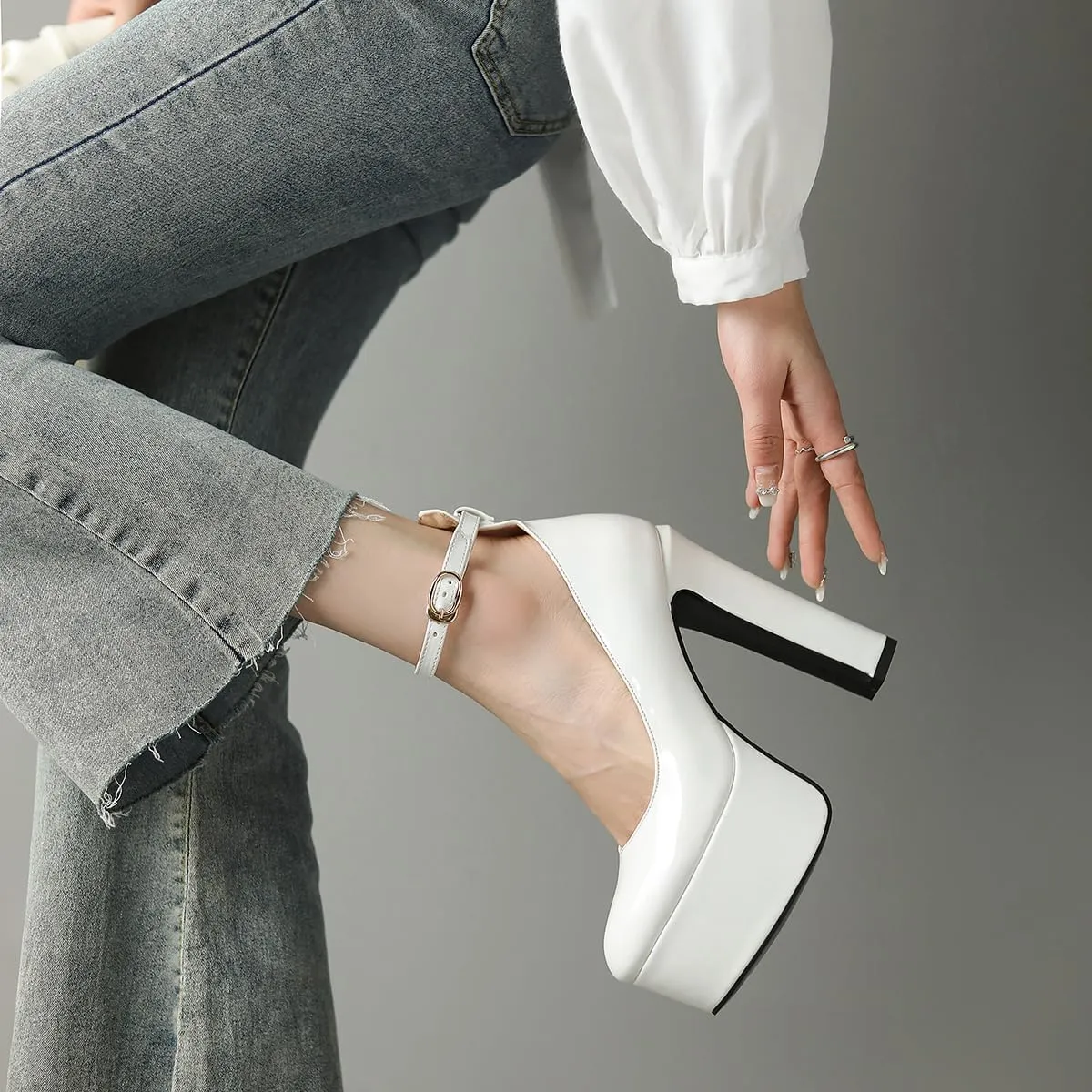 Womens Ankle Strap Thick Heel Platform Pumps Round Toe Block Heels Prom Pumps Buckles Flatform Dress Shoes
