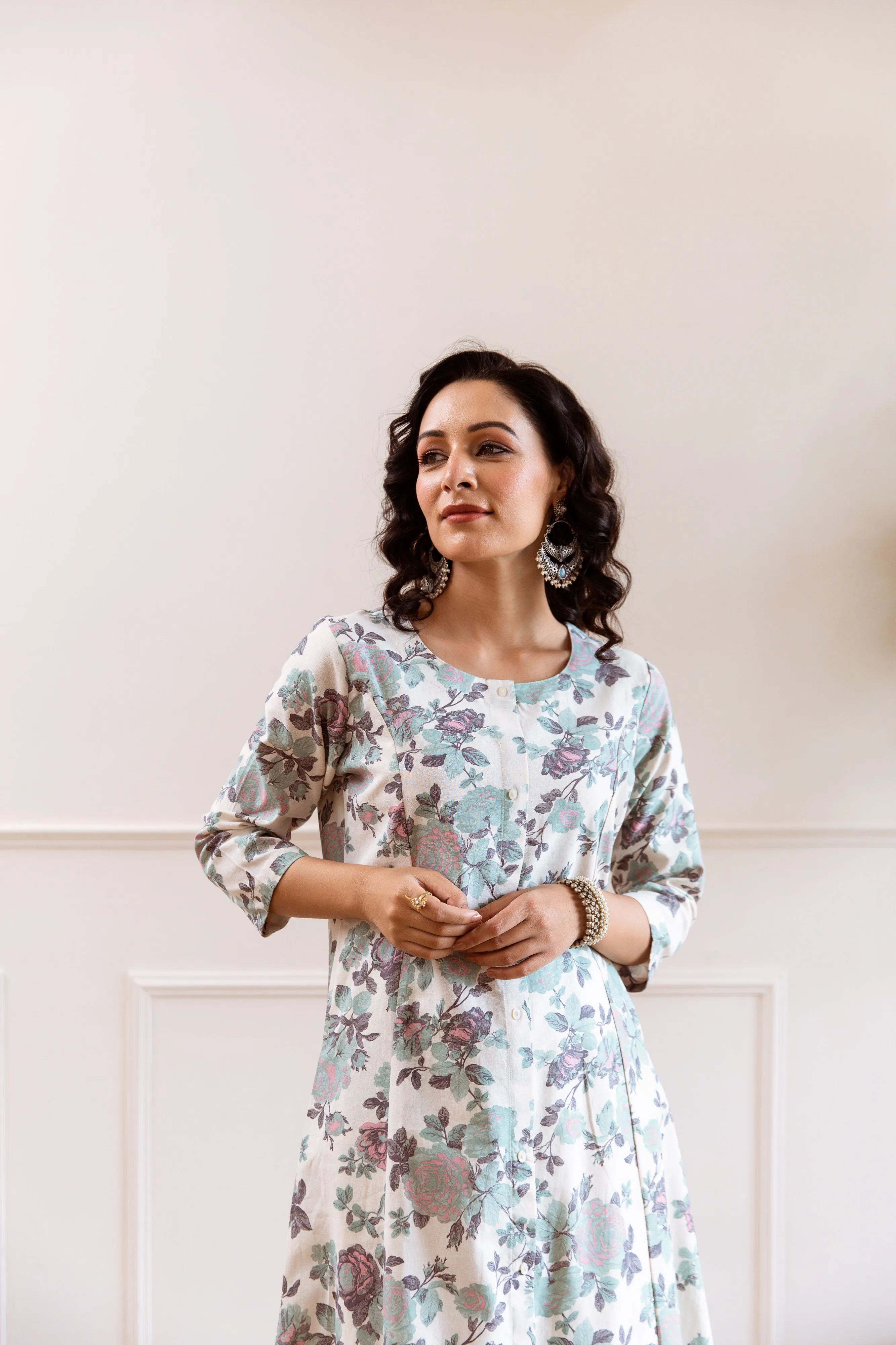 Women's Cream Cotton Flex Kurta Pant Set