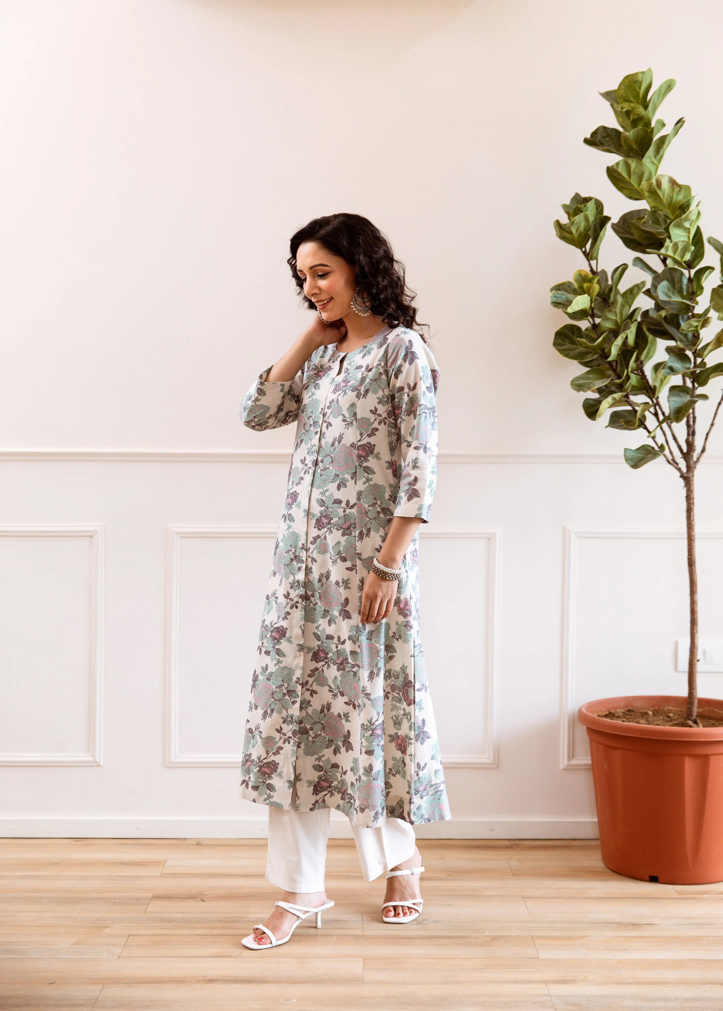 Women's Cream Cotton Flex Kurta Pant Set