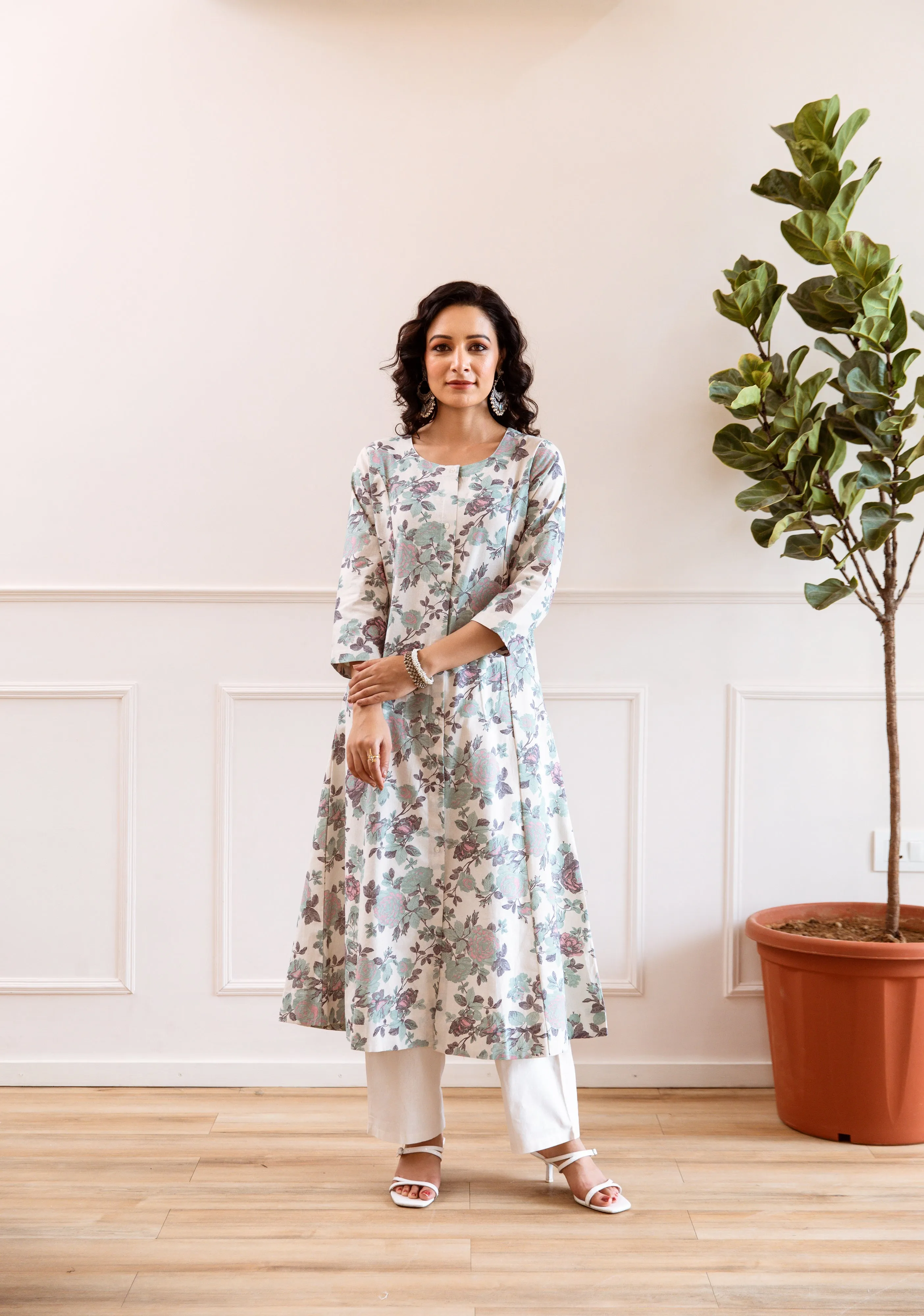 Women's Cream Cotton Flex Kurta Pant Set
